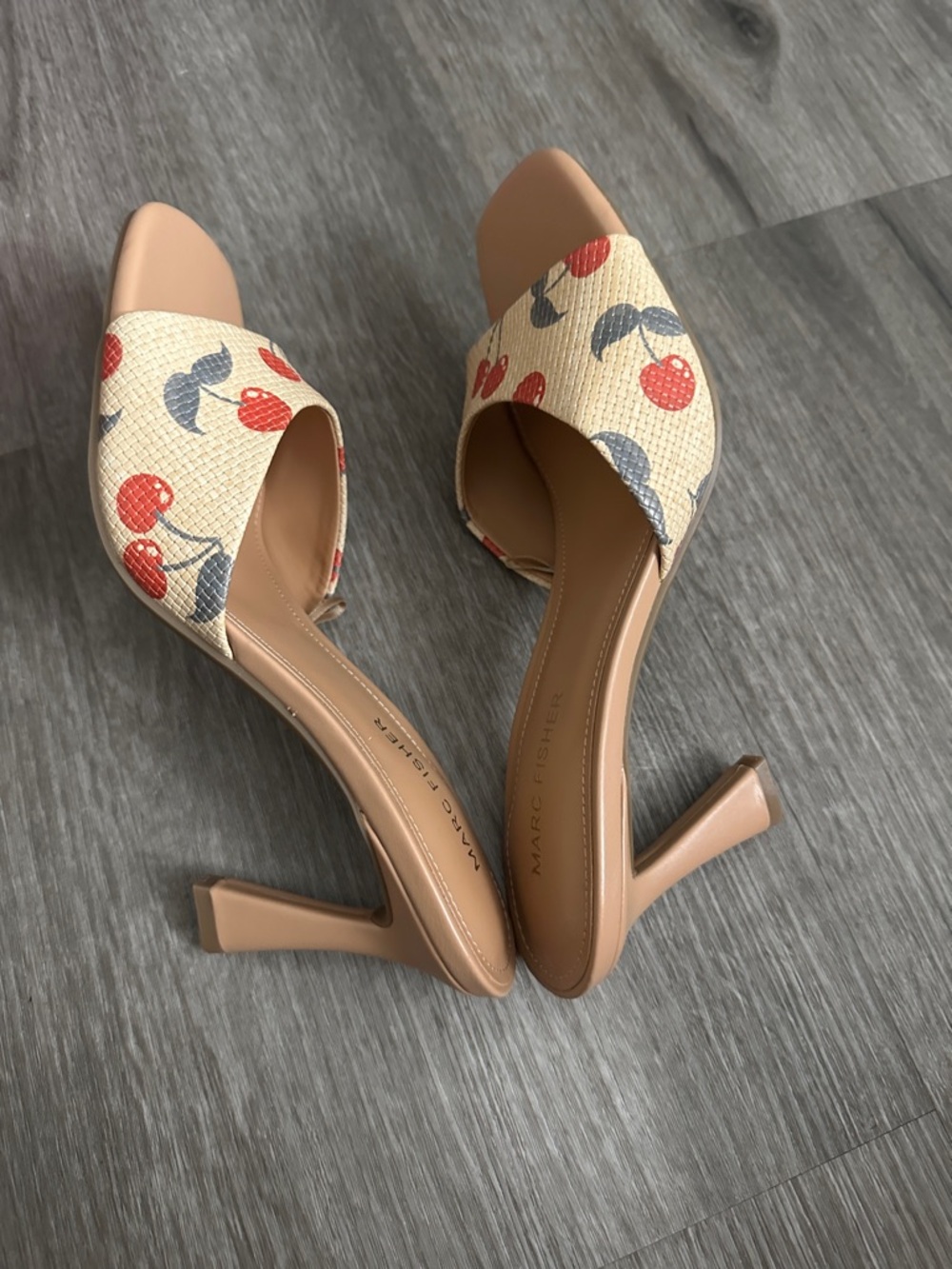Marc Fisher Peach Slide Heels with Cherry Print - Picture 5 of 8